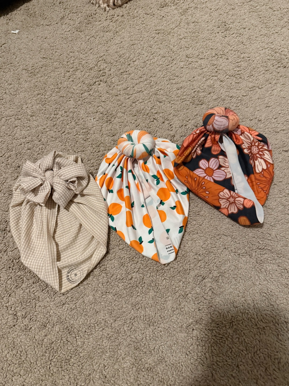 Baby Turban Hat Set - Orange Floral, Peach Print & Neutral Check